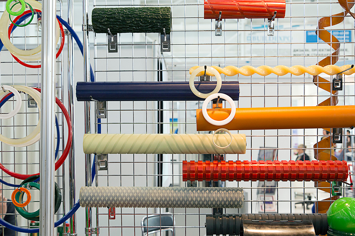 A rack of polyurethane tubes with a variety of textures and geometries.